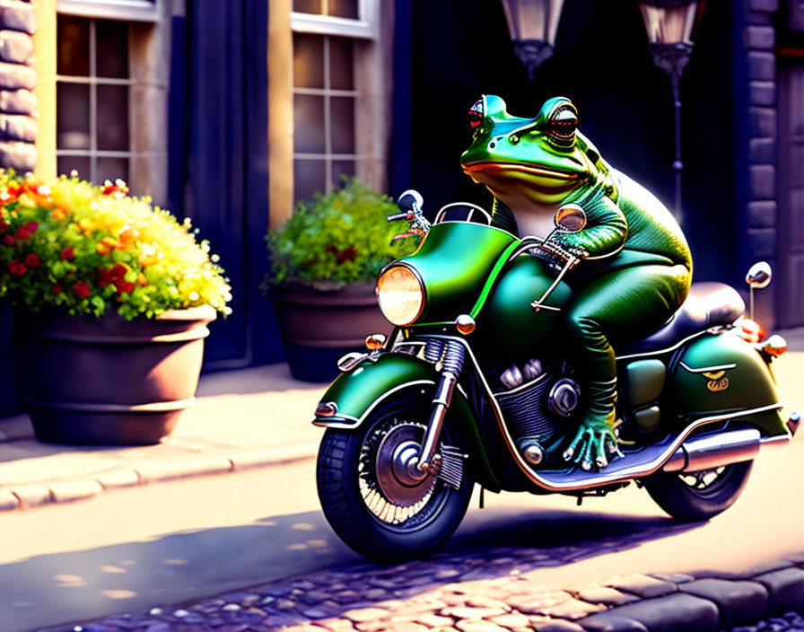 Animated Frog on Green Scooter in Quaint Street with Flowers