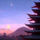 Traditional East Asian village at sunset with pagodas and pink sun