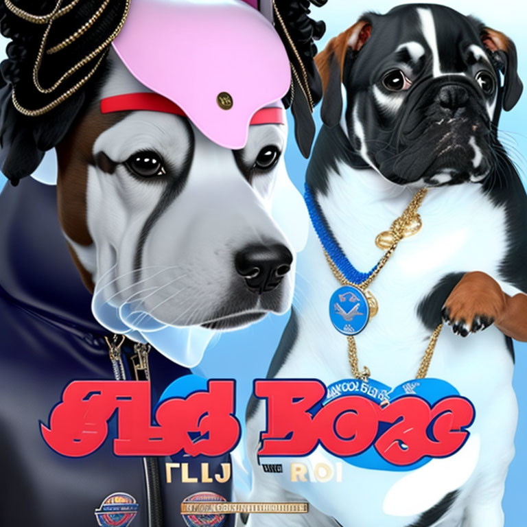 Stylized bulldogs in hip-hop attire on blue background with "Old Dog" text