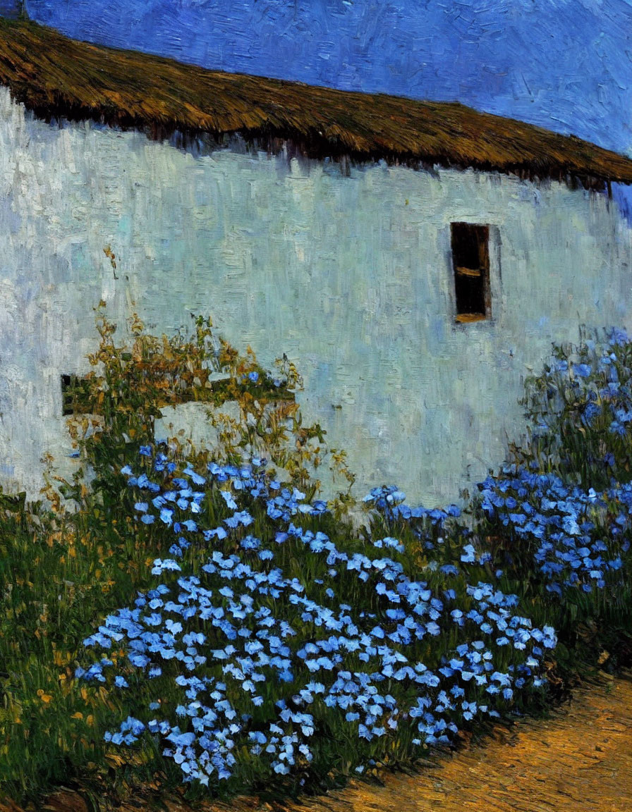 White Cottage Painting with Thatched Roof and Blue Flowers