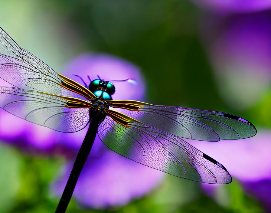 Iridescent Blue-Green Dragonfly on Thin Stem with Purple Floral Background