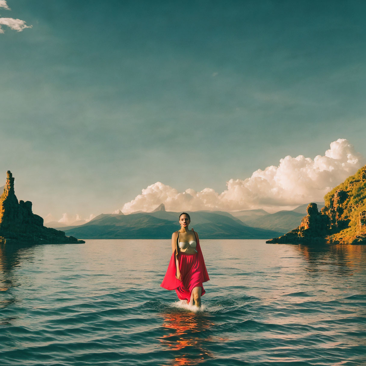 Red dress person wading in calm waters at sunset