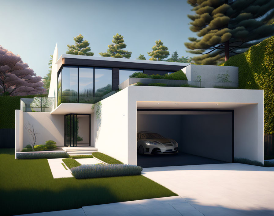 Geometric Two-Story House with Large Windows and Landscaped Garden