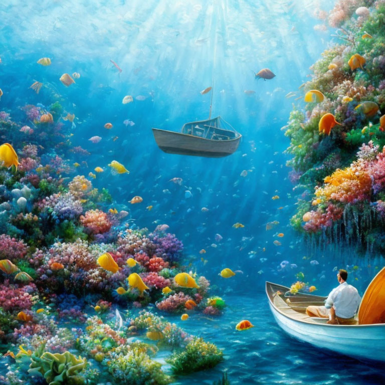 Vibrant coral, diverse fish, rowboat, and canoe in serene underwater scene