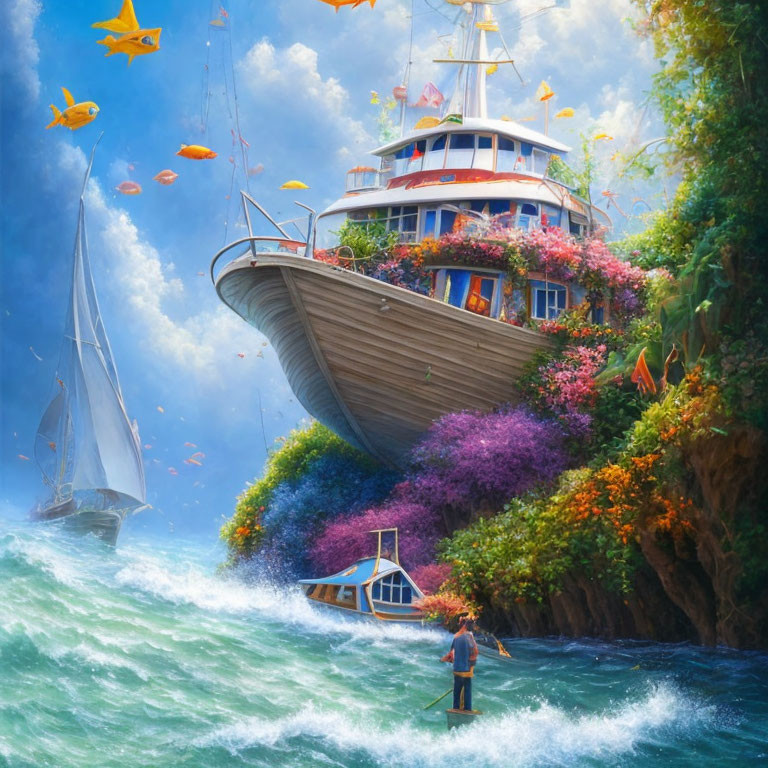Whimsical painting of ship on cliff with fishing person and origami birds