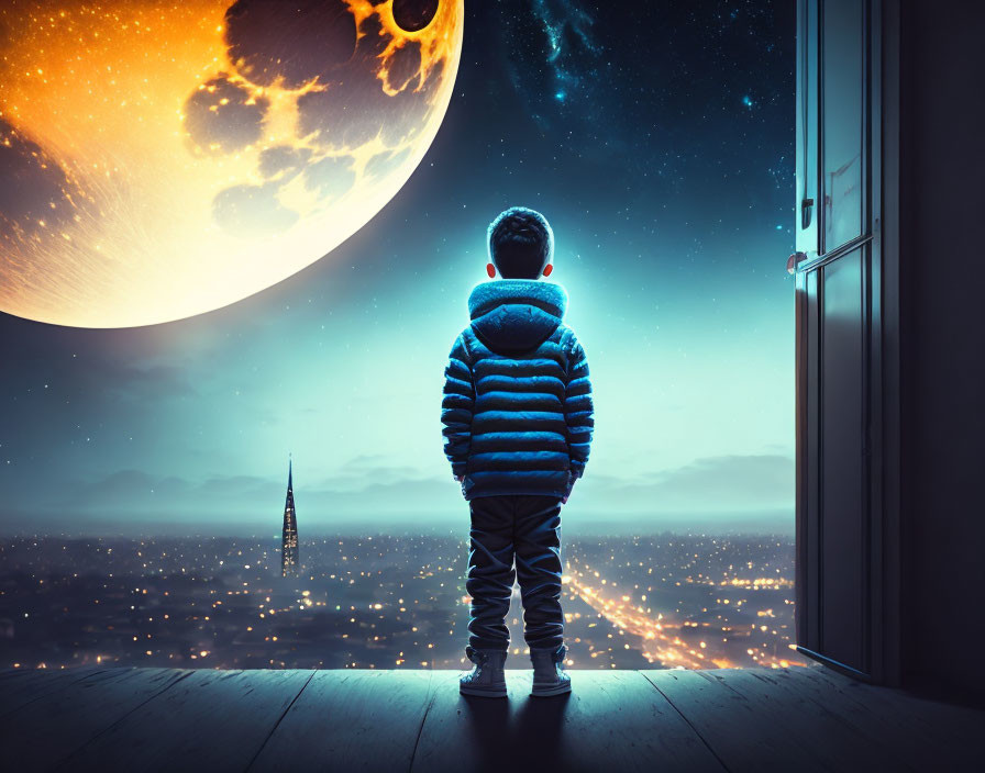 A boy standing and looking the moon