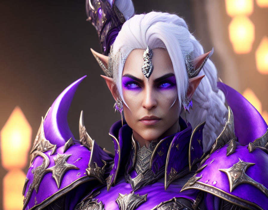 White-haired fantasy elf in purple star-adorned armor with pointed ears and ornate jewel, surrounded