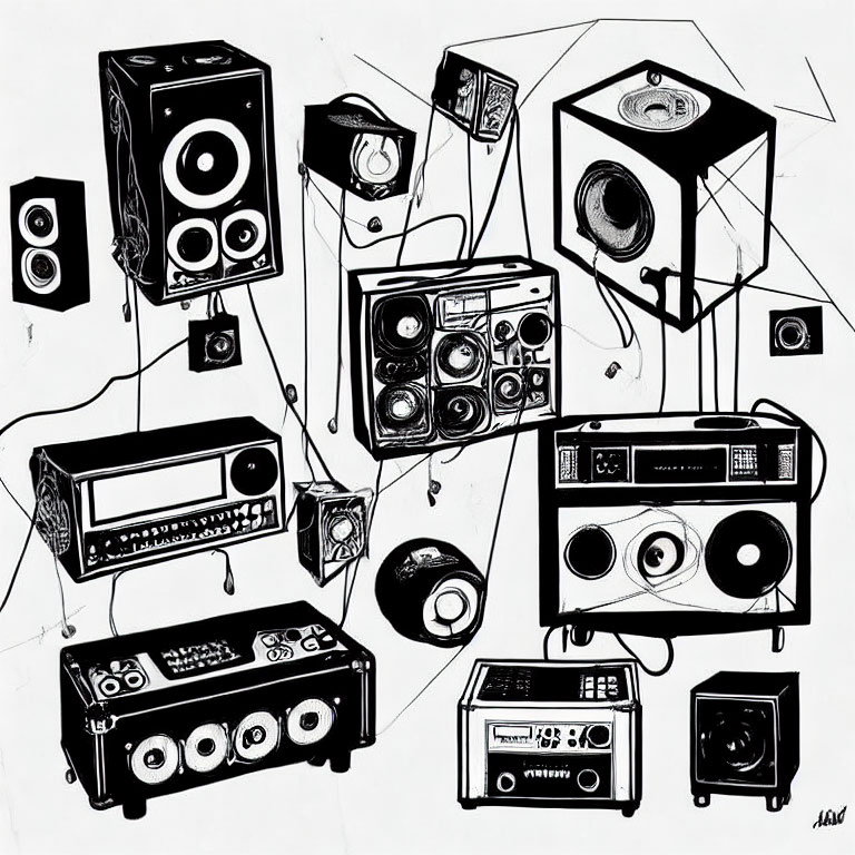 Vintage Audio Equipment Illustration: Speakers, Boomboxes, Tape Decks