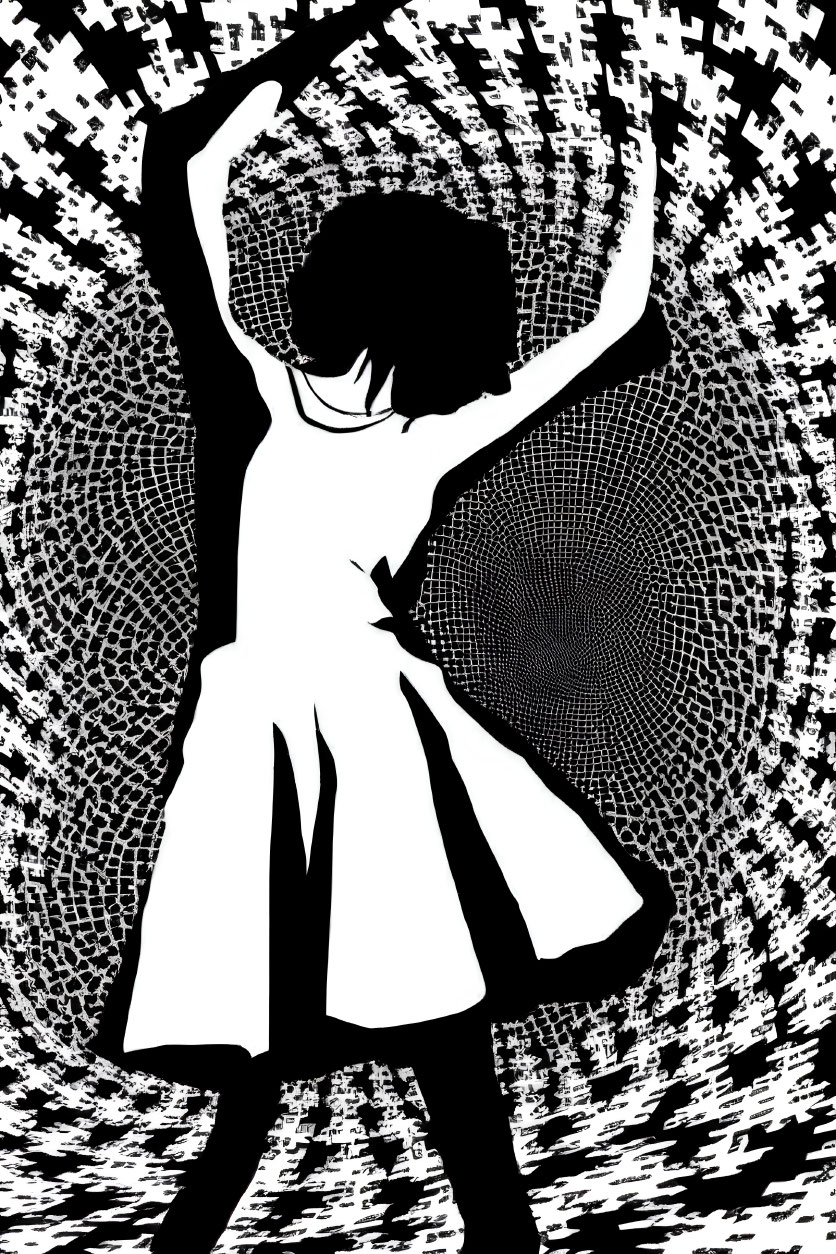Dynamic silhouette of dancing girl against swirling black and white patterned background