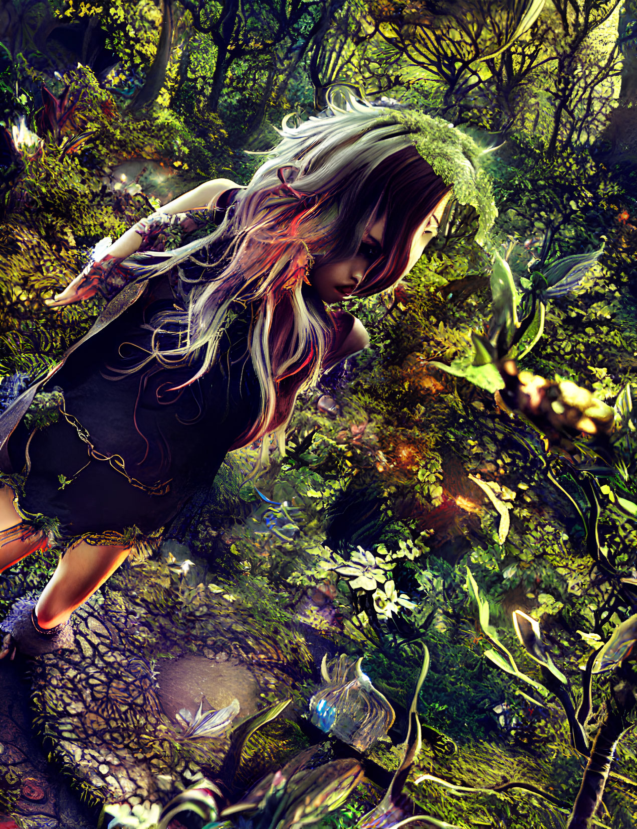 Multicolored hair girl in vibrant enchanted forest with intricate flora