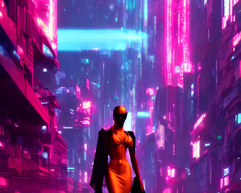 Person in yellow dress and coat in neon-lit futuristic cityscape at night