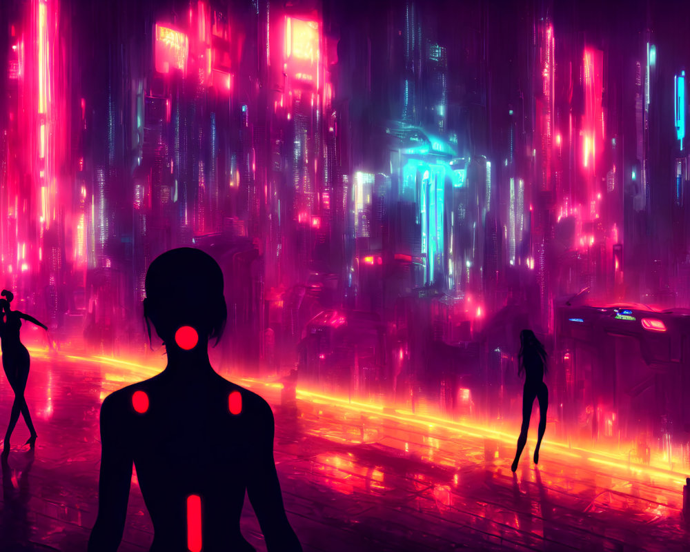 Futuristic neon cityscape with flying cars and silhouetted figures