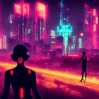 Futuristic neon cityscape with flying cars and silhouetted figures