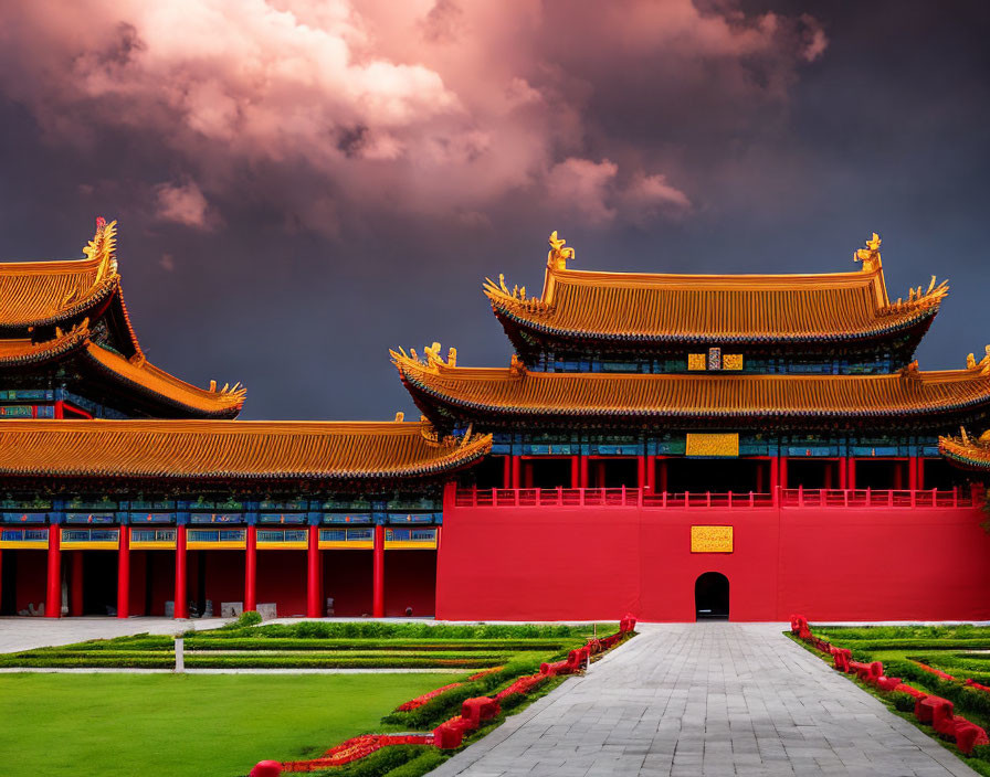 Traditional Chinese Temple with Red Facade and Golden Roof Detail under Dramatic Sky