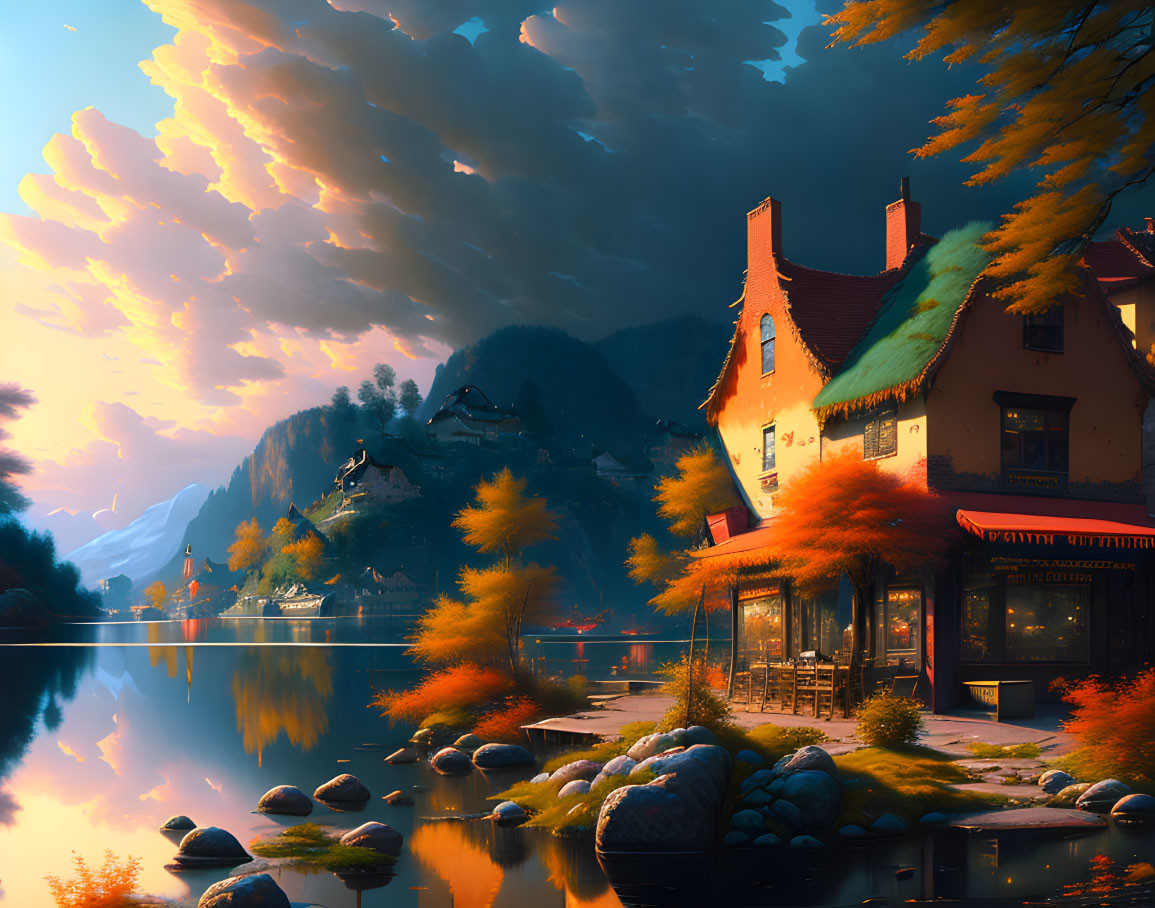 Tranquil lakeside sunset with cozy house, orange trees, calm water, and distant mountains.