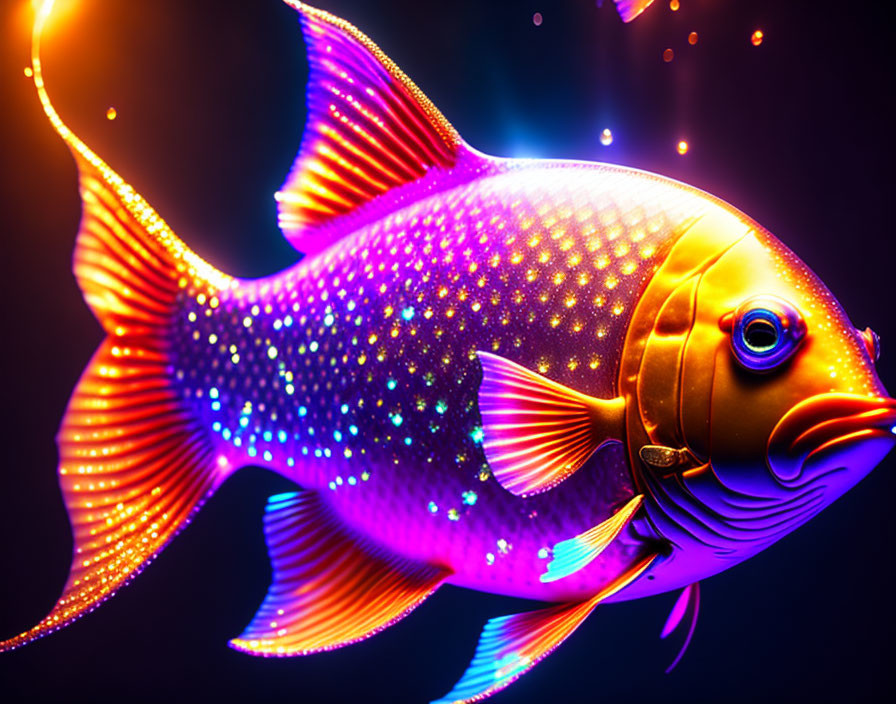 Neon pink and orange fish digital art on dark background