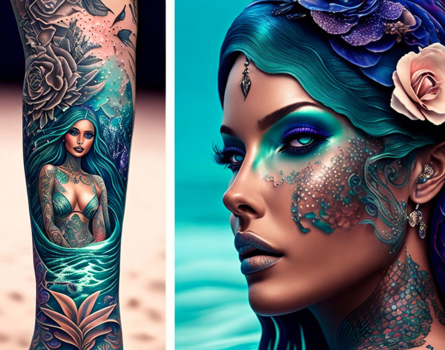 Colorful tattooed arm next to mermaid and blue-skinned woman with floral patterns
