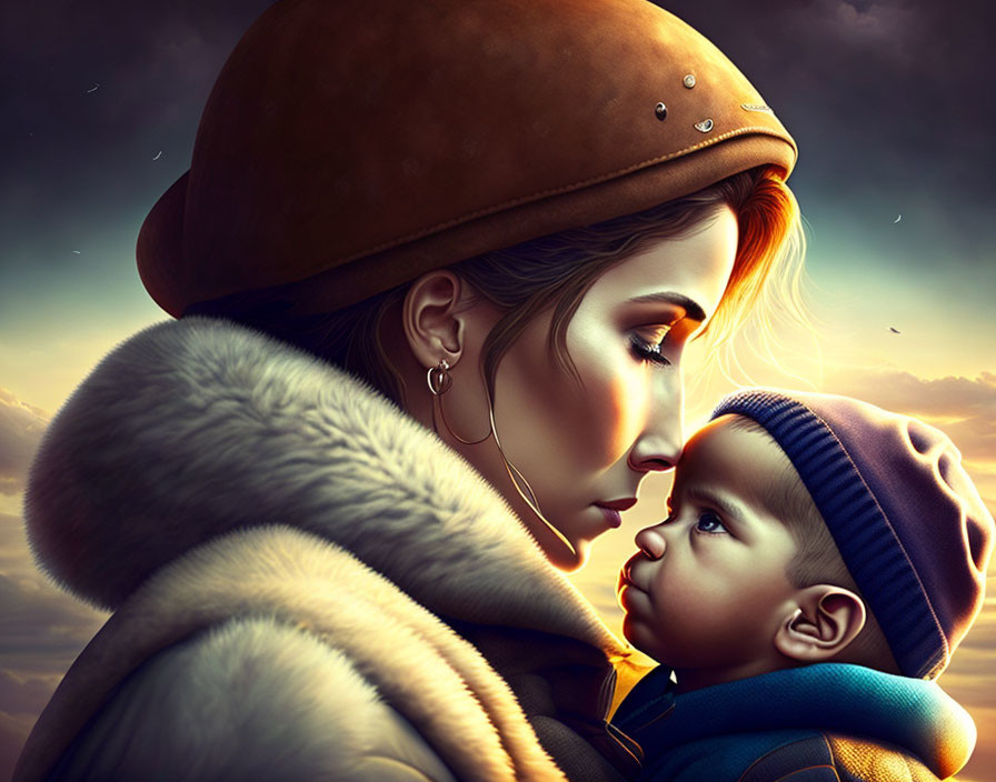 Digital artwork of woman in fur coat with baby in blue cap at dusk