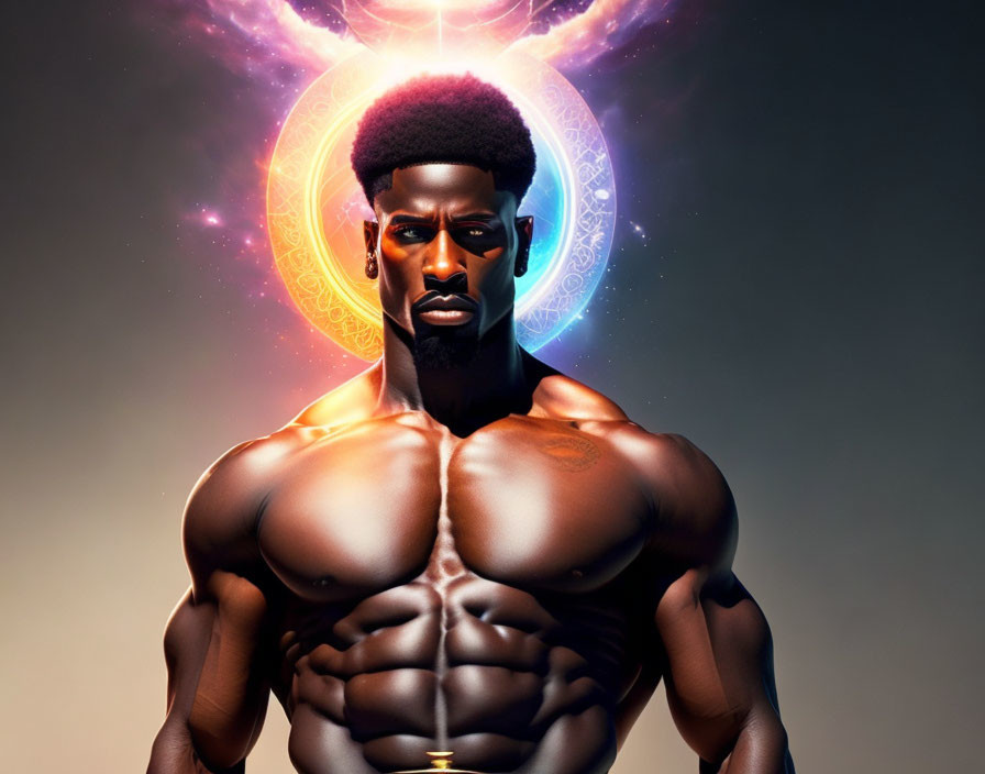 Muscular man with glowing emblem in mystical illustration