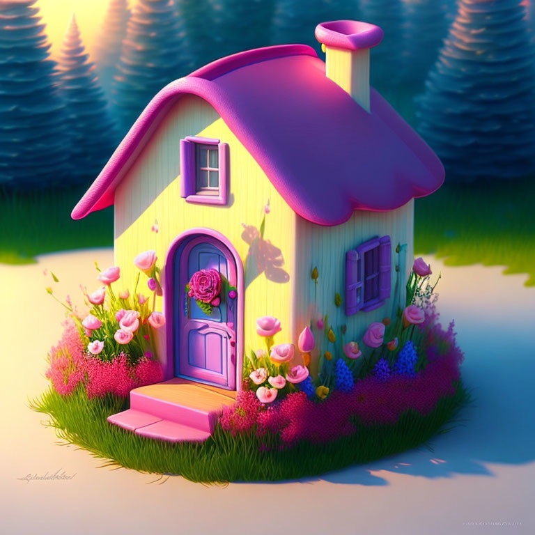 Colorful illustration of small house with pink roof in magical garden