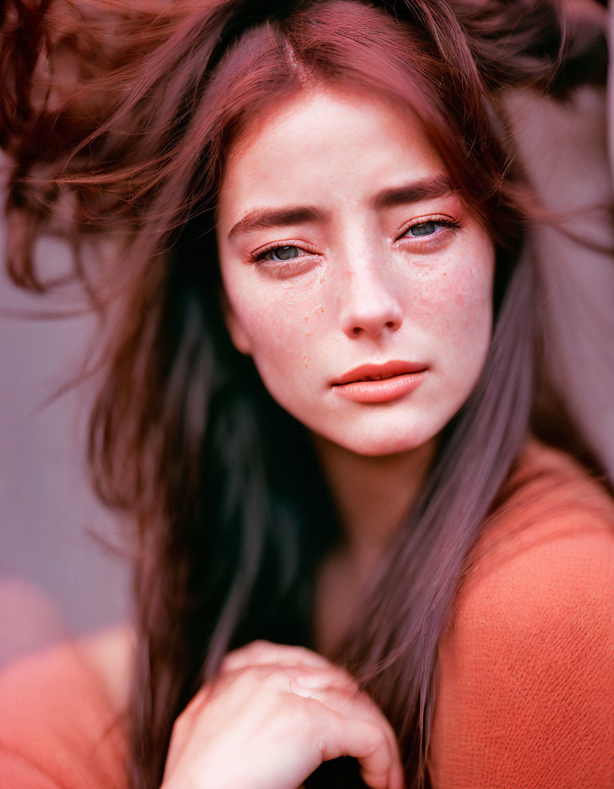 Portrait of woman with flowing hair and freckles in somber expression