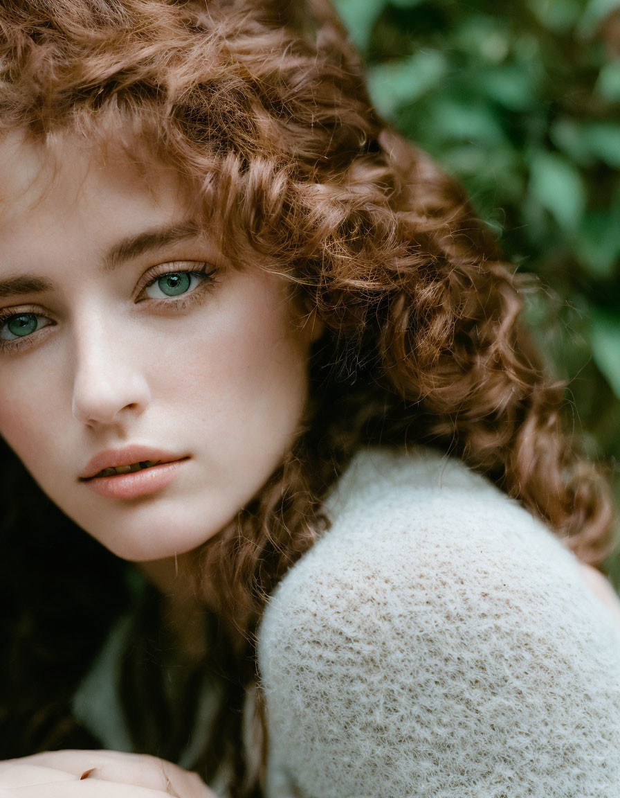 Portrait of Person with Curly Hair and Blue Eyes in Light Sweater on Green Background