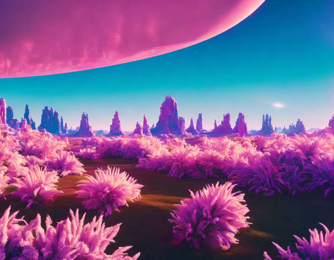 Vibrant alien landscape with pink-purple foliage under magenta planet