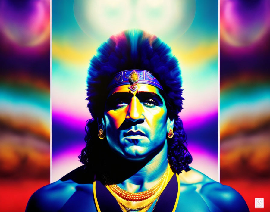 Colorful Digital Artwork of Male Figure in Indian Attire on Psychedelic Background