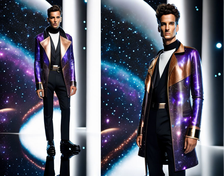 Futuristic metallic blazer with galaxy motifs on confident man