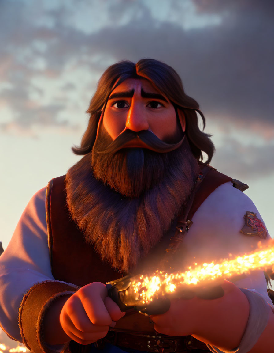 Bearded animated character in medieval tunic aims glowing arrow at sunset sky