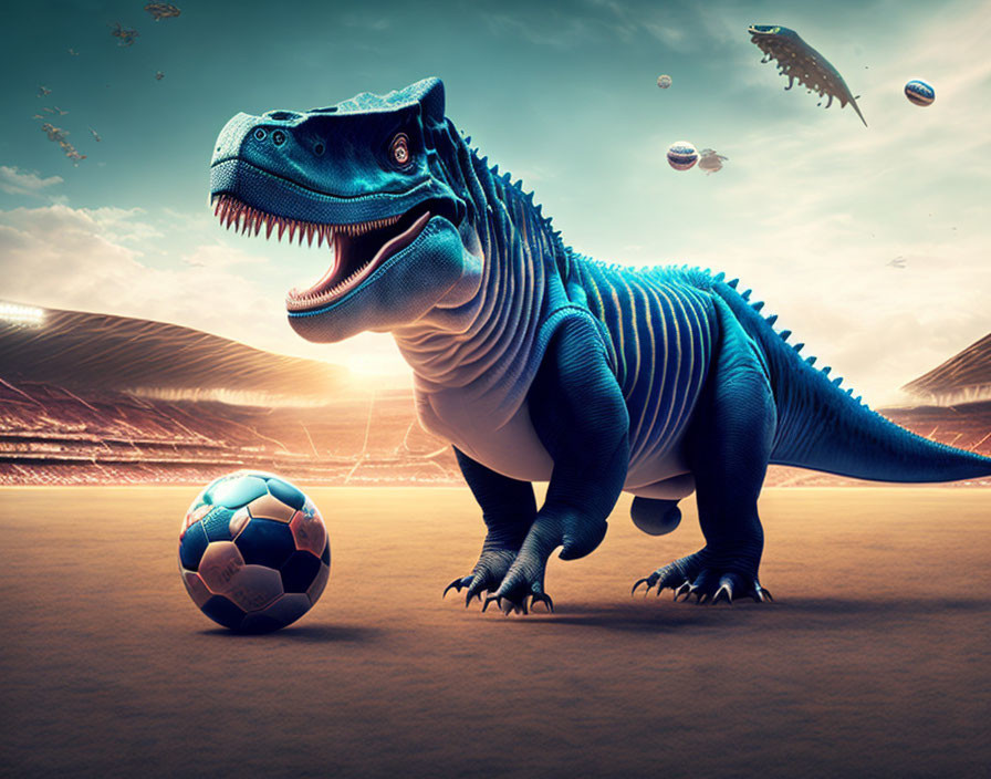 Blue-striped T-Rex with soccer ball on field, dynamic sky, and floating asteroids