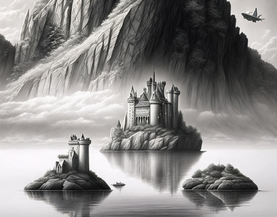 Monochromatic artwork: Castle on rocky island, tower on islet, boat, plane