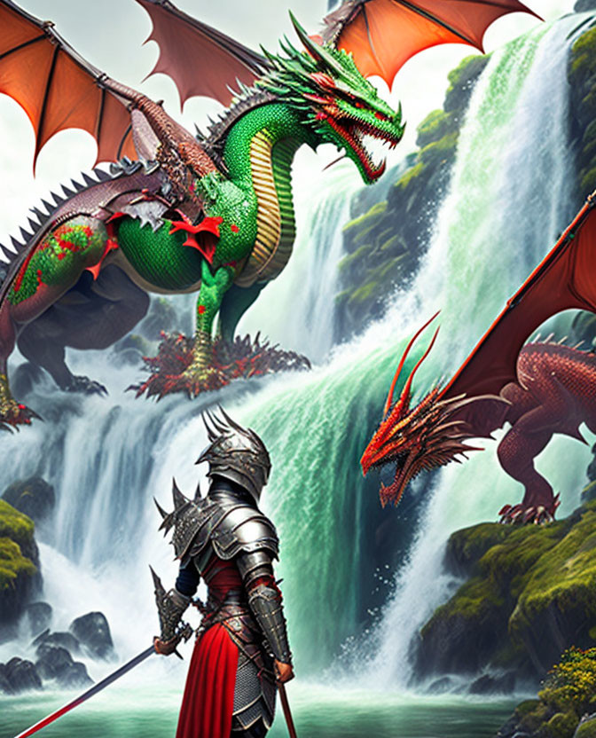 Knight in armor confronts two large dragons near lush waterfall