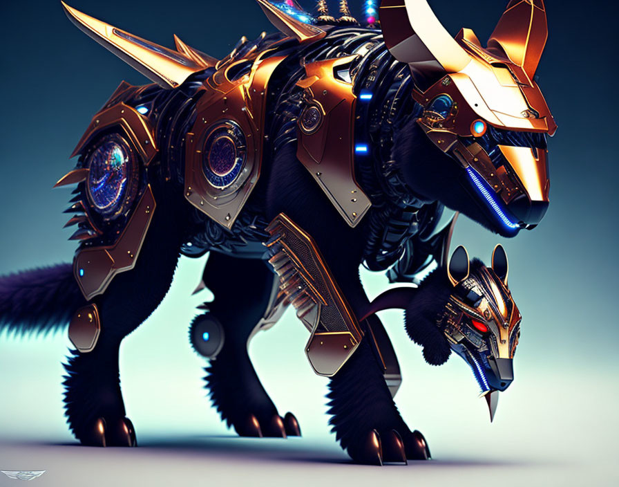 Mechanical Wolf Artwork with Gold and Black Armor and Blue Energy Cores