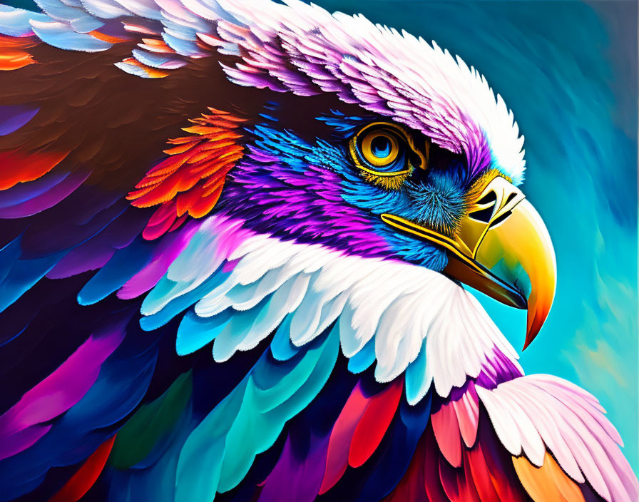 Colorful digital artwork of fierce eagle with multicolored feathers and detailed eye.
