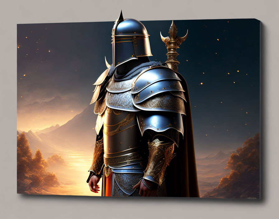 Knight in shining armor canvas print with twilight mountains and starlit sky