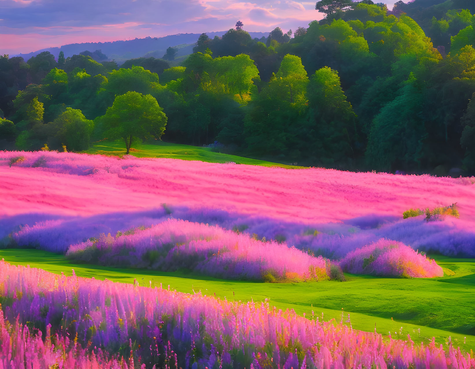 Lavender fields in pink and purple hues at sunrise with green trees