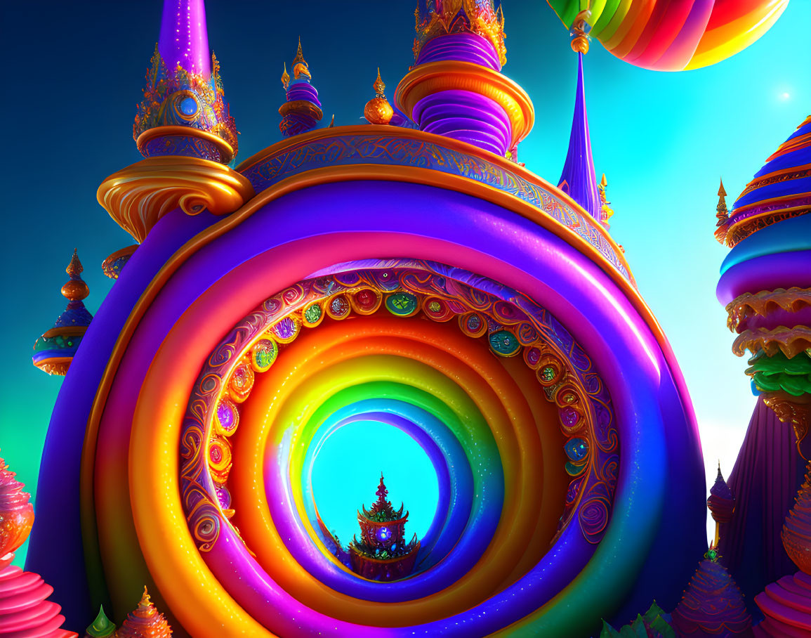 Colorful Swirling Landscape with Ornate Towers and Portal