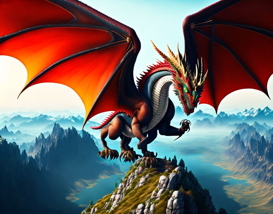 Red Dragon Perched on Mountain Peak with Unfurled Wings