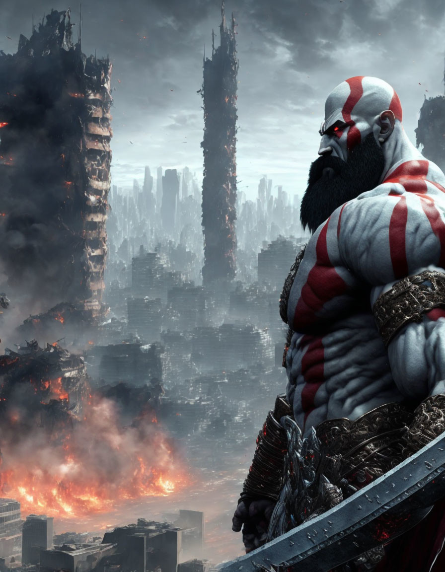 Bearded character in armor overlooking dystopian city with flames