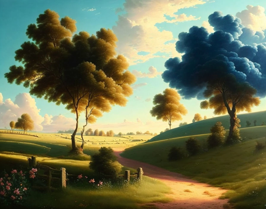 Tranquil pastoral landscape with lush greenery and surreal cloud-like trees