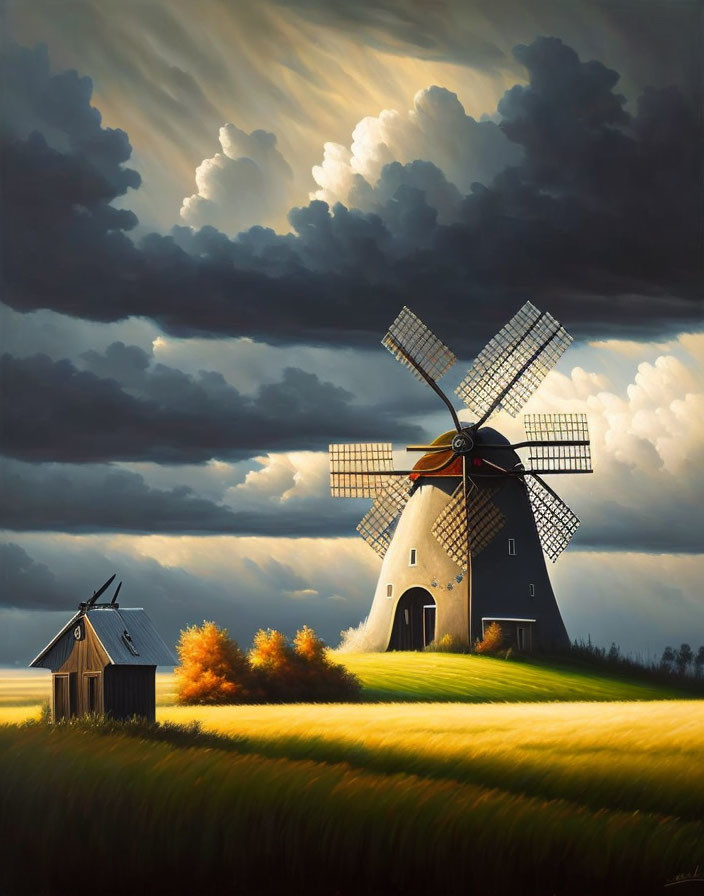 Traditional windmill in golden field under dramatic sky with small wooden shack
