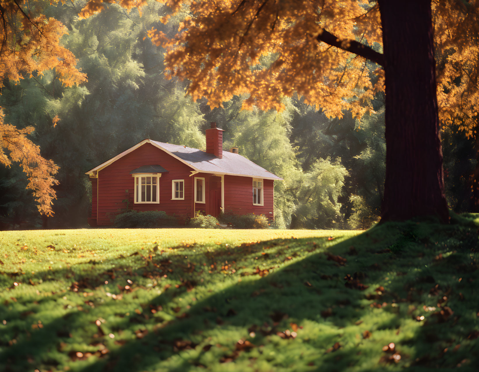 Red house with chimney in sunny clearing surrounded by autumn trees