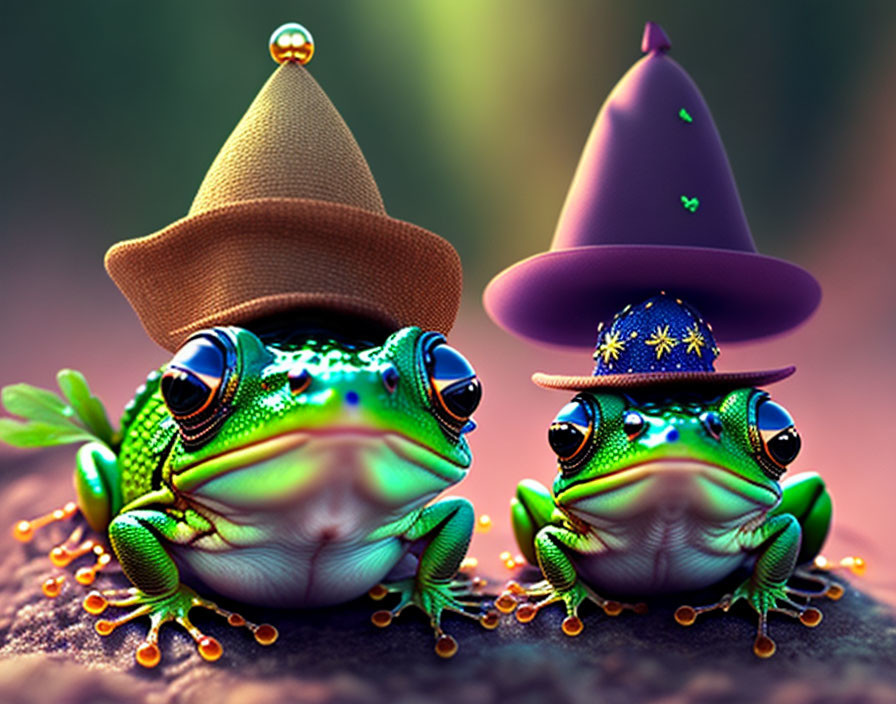 Colorful Frogs with Big Eyes in Hats Against Blurred Background