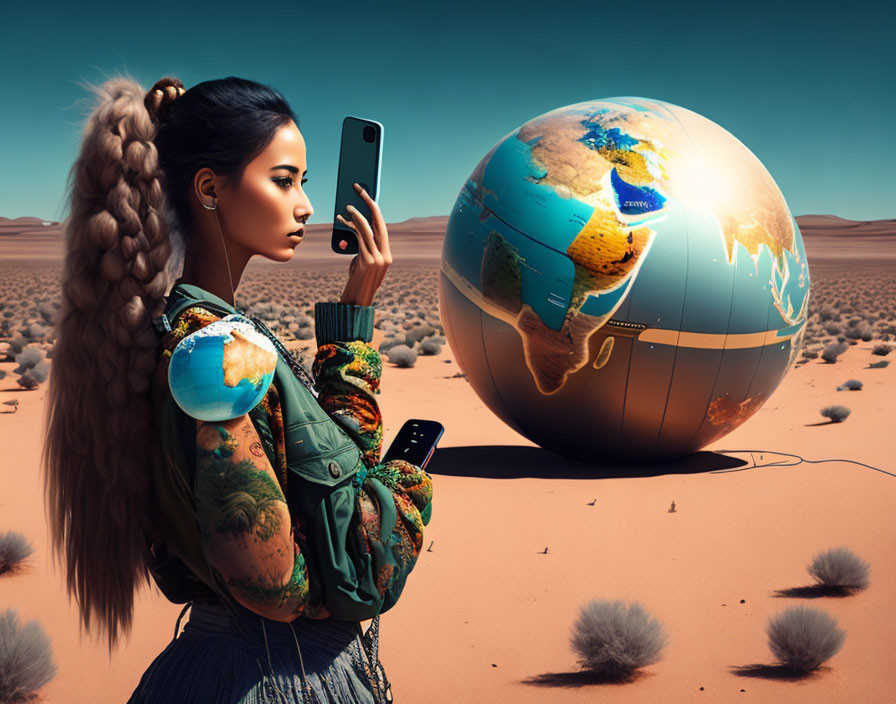 Woman with braid in desert holding smartphone and globe with earphones