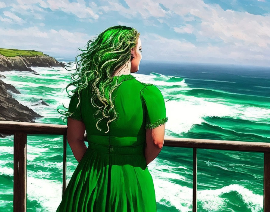 Irish woman with green wavy dress 