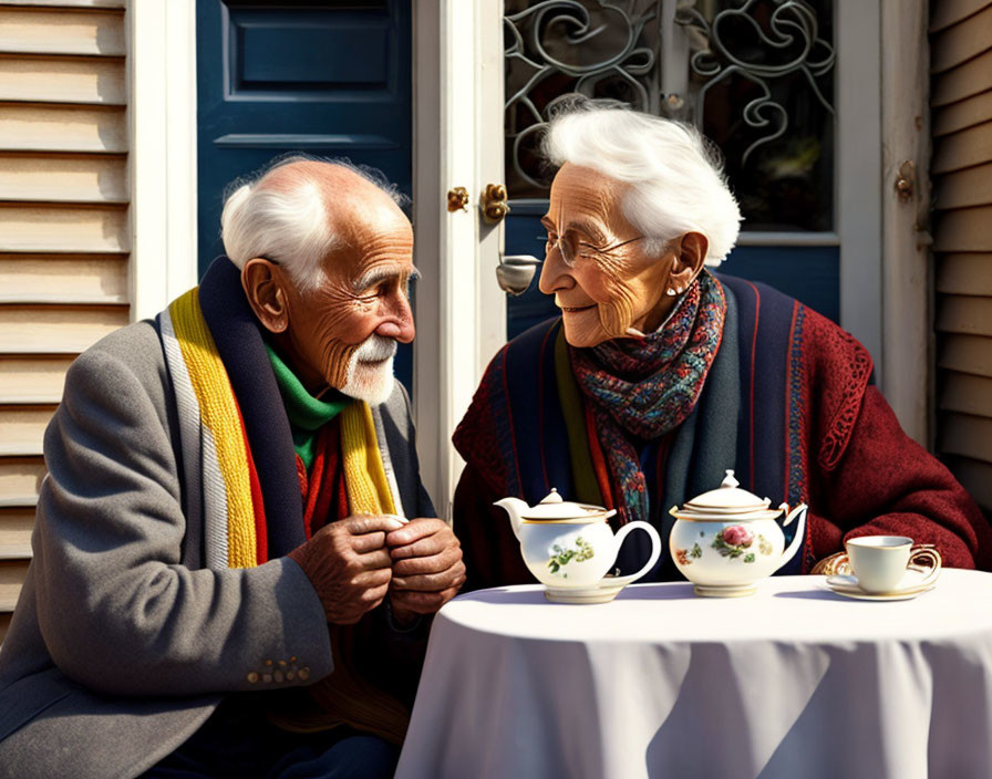 Elderly individuals enjoying tea outside a house with blue door