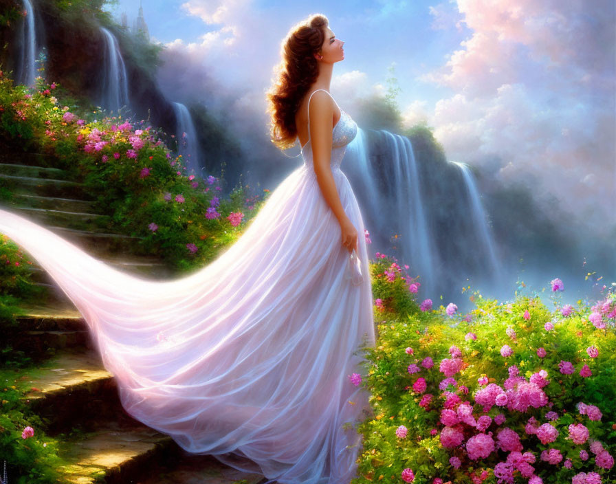 Woman in flowing dress on stone stairway amidst vibrant flowers and misty waterfall