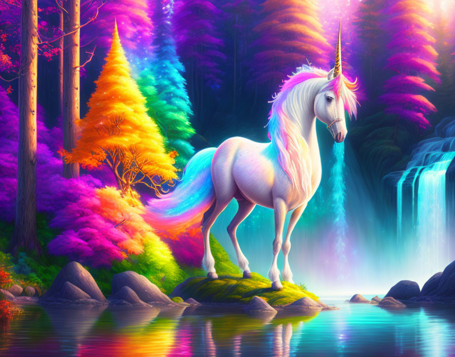 Colorful digital artwork: Unicorn by waterfall in mystical forest