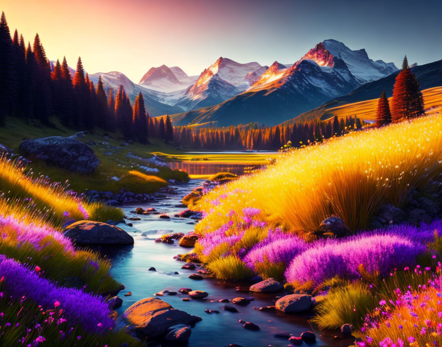 Scenic landscape with stream, wildflowers, and mountains at sunset